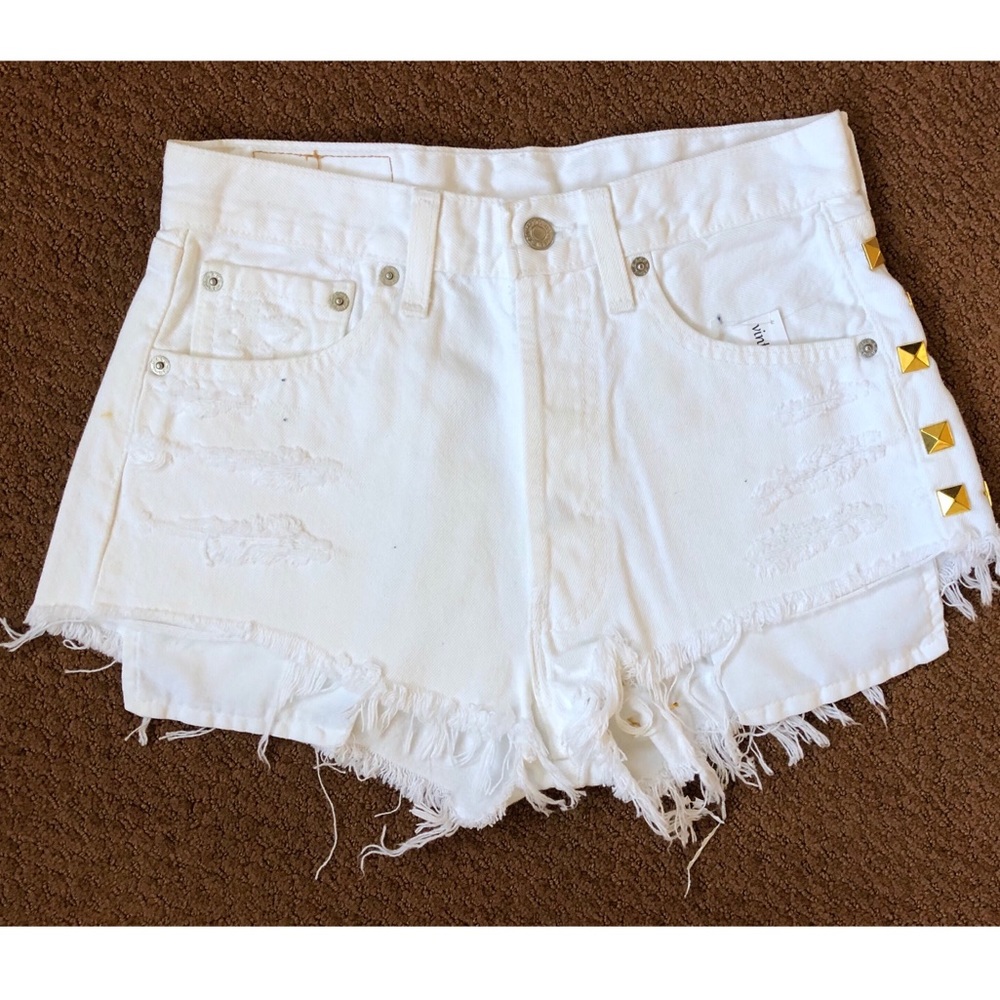 White Distressed Denim Jean Shorts with Gold Stud Detail